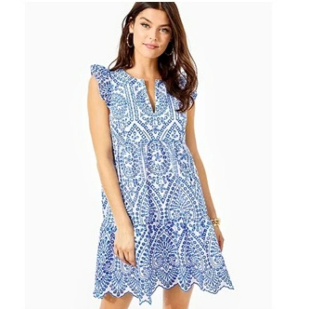 Lilly Pulitzer Keila  Embroidered Tunic Mini Dress in Bluefin Moroccan Sz 10